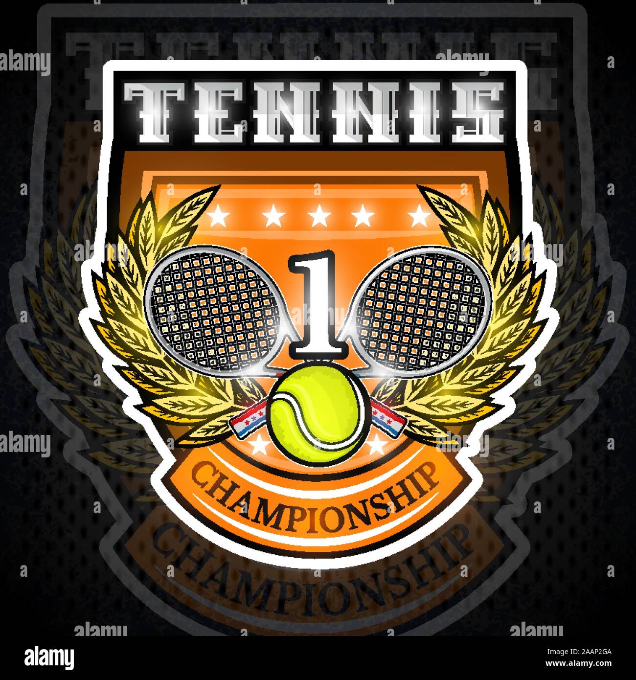 Crossed rackets with tennis ball and number one in the middle of golden wreath on the shield. Vector sport logo isolated for any team or competition Stock Vector