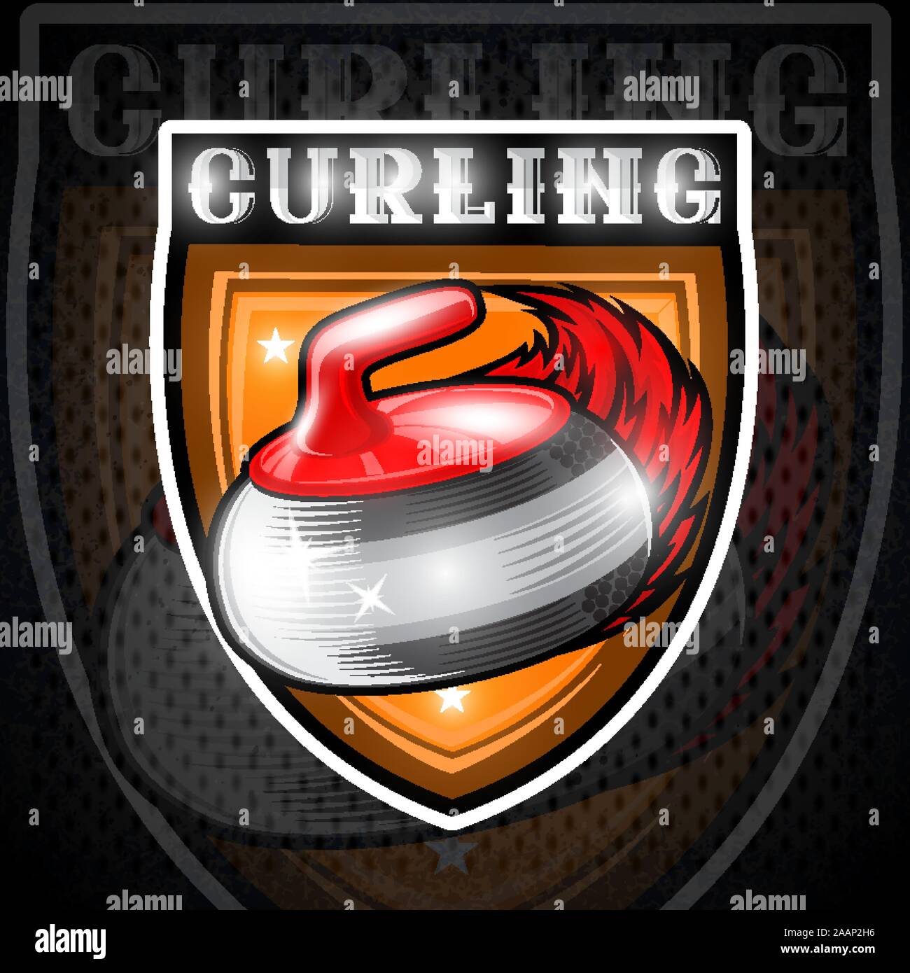 Curling red stone with red fire trail in center of shield. Sport logo for any team or championship Stock Vector