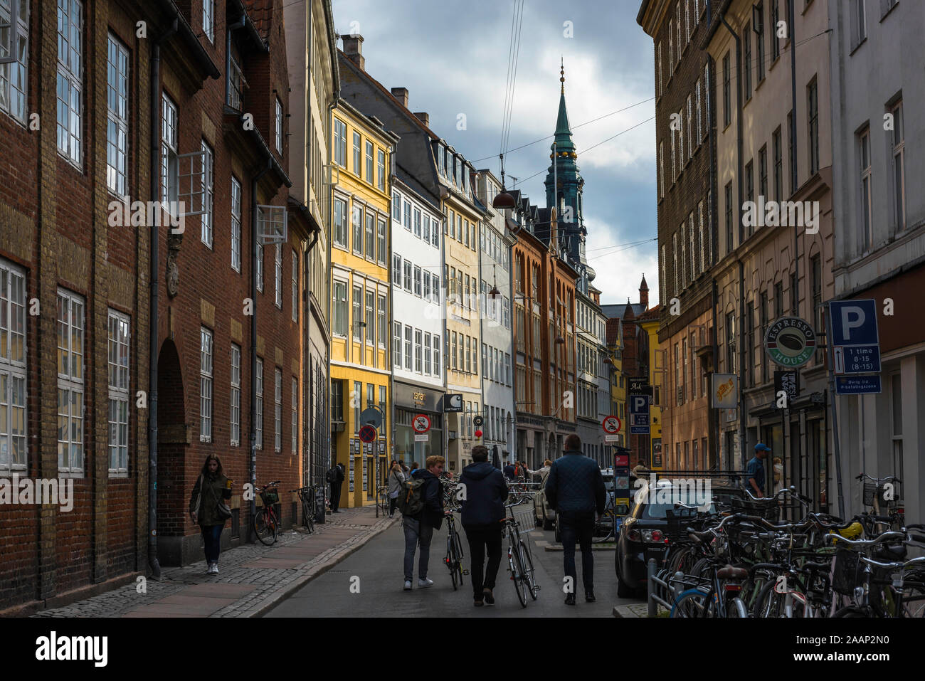 Krystalgade Copenhagen, view of people walking along Krystalgade, a street in the Old Town university district of Copenhagen, Denmark. Stock Photo