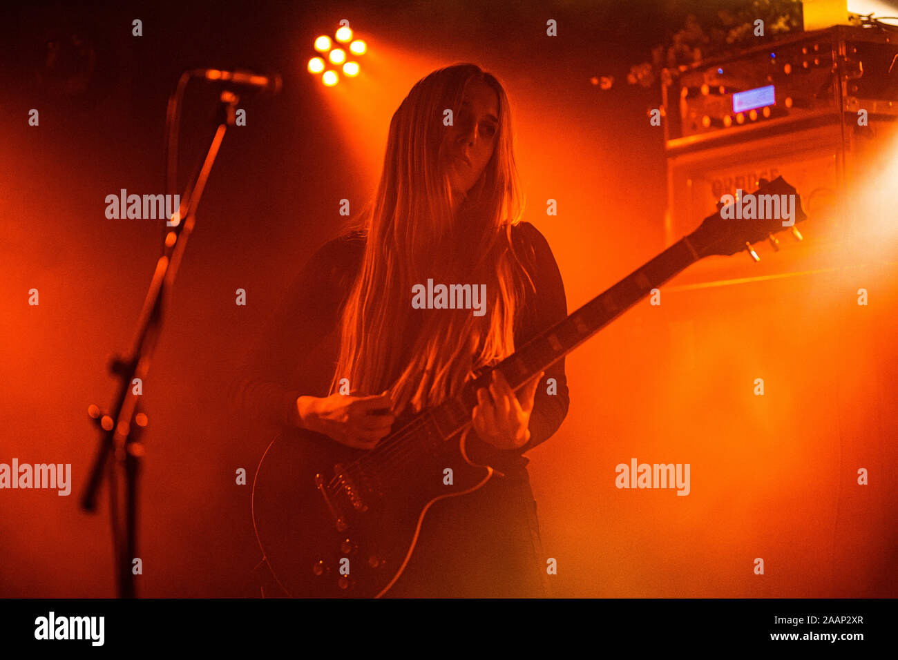 Copenhagen, Denmark. 21st, November 2019. The Swiss metal band E-L-R  performs a live concert at Stengade in Copenhagen. Here vocalist and  guitarist S.M. is seen live on stage. (Photo credit: Gonzales Photo -