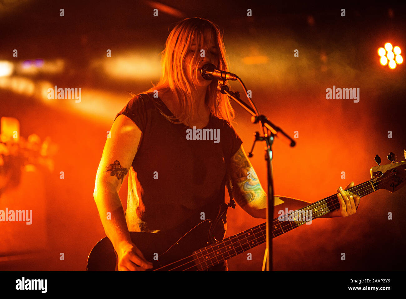 Copenhagen, Denmark. 21st, November 2019. The Swiss metal band E-L-R performs a live concert at Stengade in Copenhagen. Here vocalist and bass player I.R. is seen live on stage. (Photo credit: Gonzales Photo - Peter Troest). Stock Photo