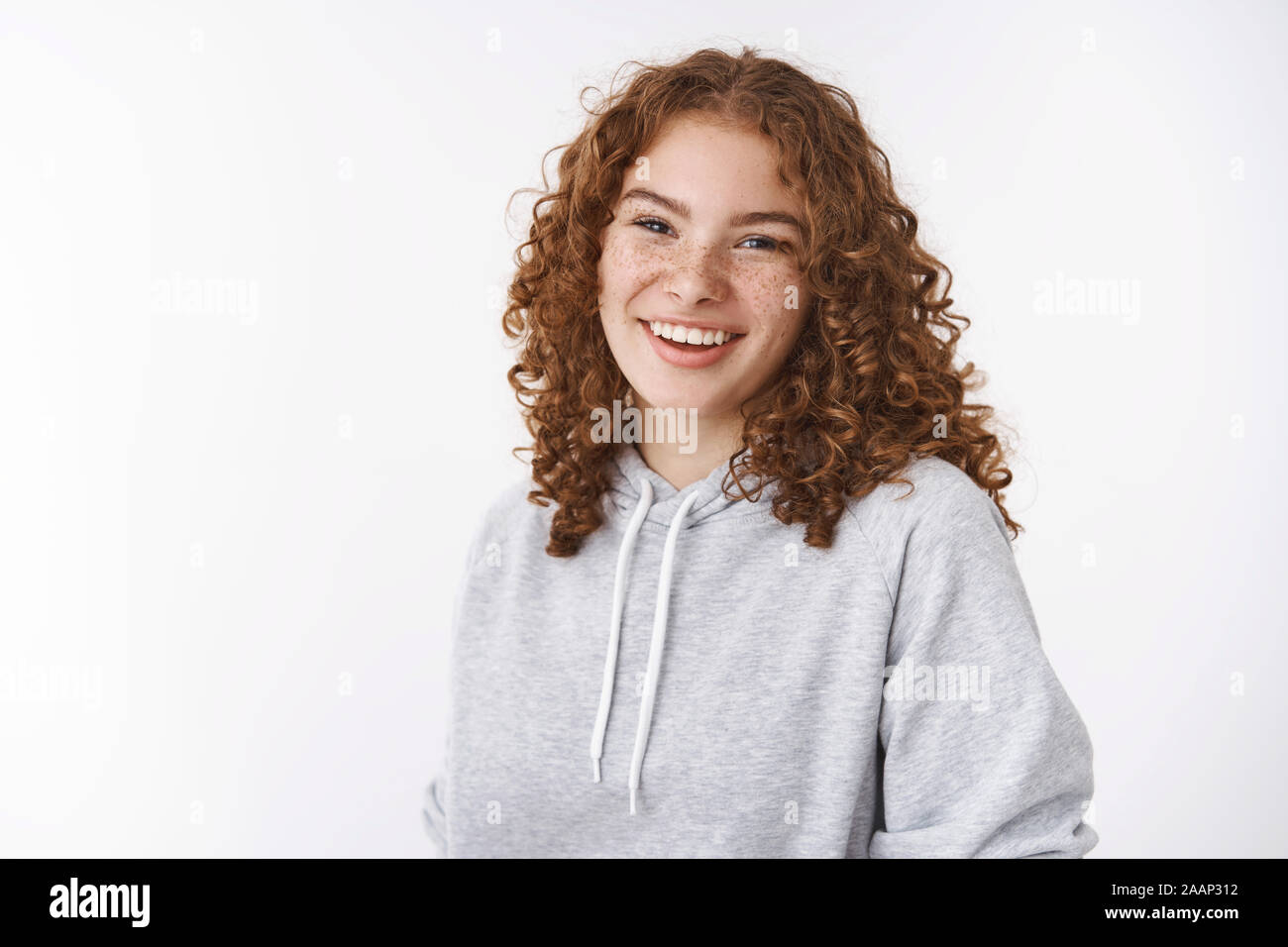 Waist Up Attractive Caucasian Lucky Cheerful Redhead Girl With