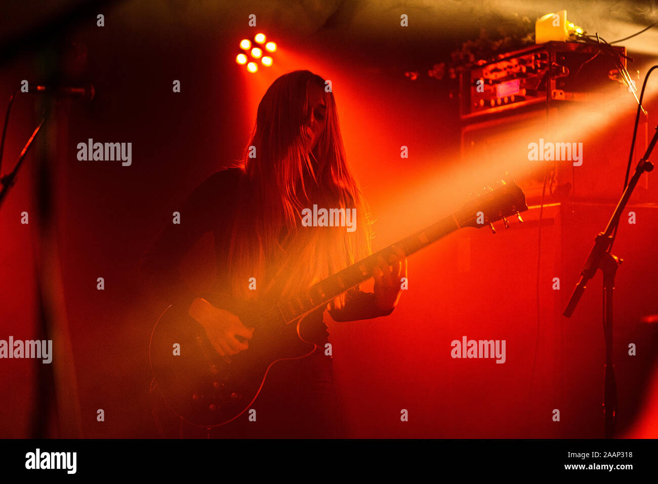 Copenhagen, Denmark. 21st, November 2019. The Swiss metal band E-L-R performs a live concert at Stengade in Copenhagen. Here vocalist and guitarist S.M. is seen live on stage. (Photo credit: Gonzales Photo - Peter Troest). Stock Photo