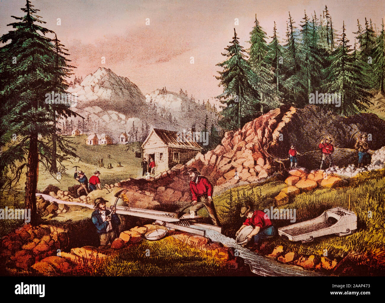 A contemporary lithograph of prospectors during the Clifornia gold rush  in theSierra Nevada, California in 1848. At the first news of gold discoveries, many adventurers moved to the West to buy gold mines and pillage. Stock Photo