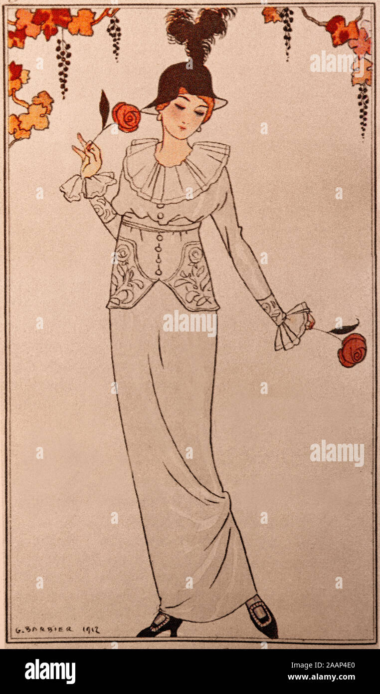 A model from a 1912 Parisian fashion show by George Barbier (1882–1932), one of the great French illustrators of the early 20th century. Stock Photo