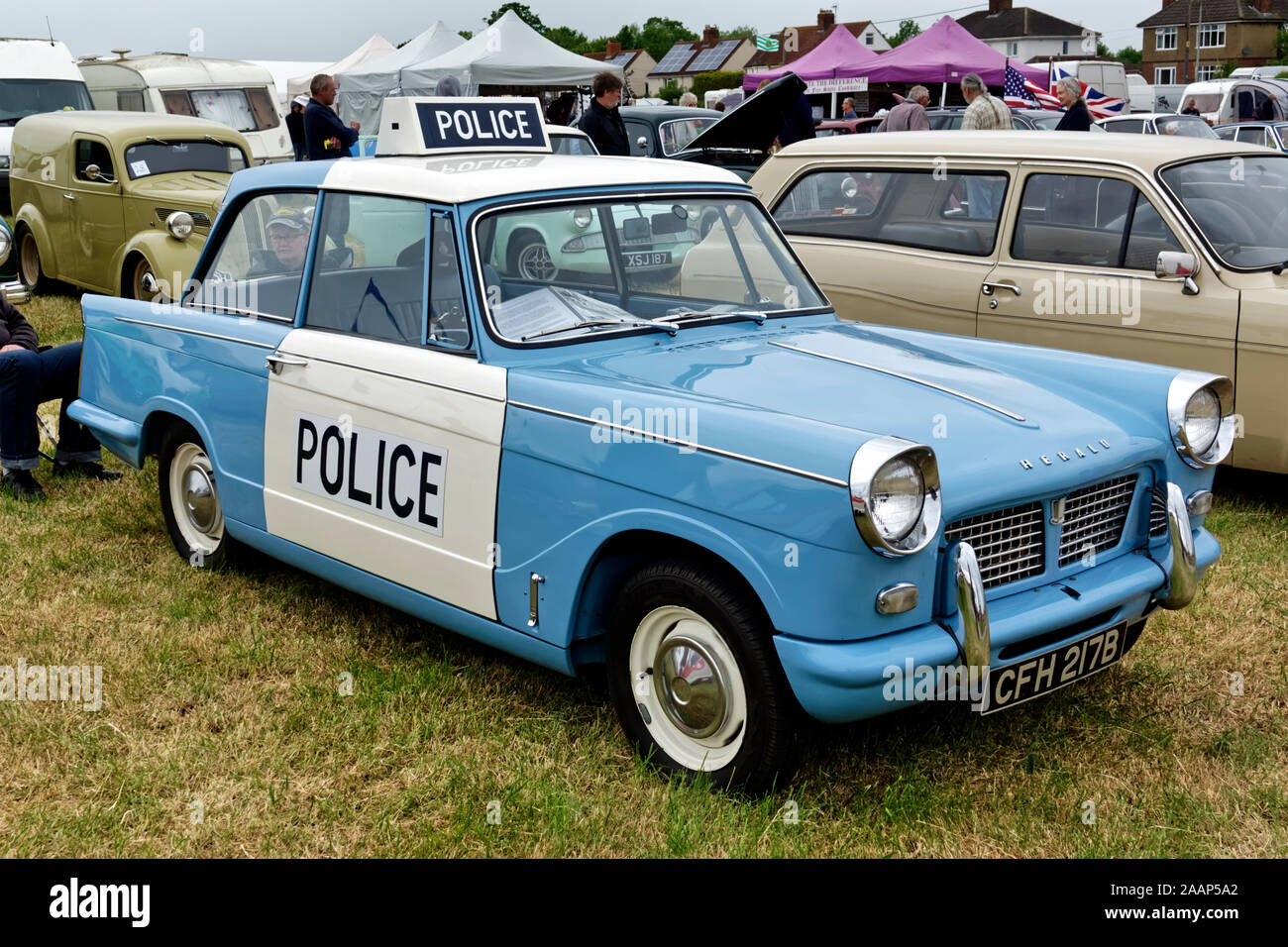 A 1963 Triumph Herald 1200 Saloon replica of a Monmouthshire Constabulary Police car, pictured at the Selwood Vintage Steam Fair 2019 Stock Photo