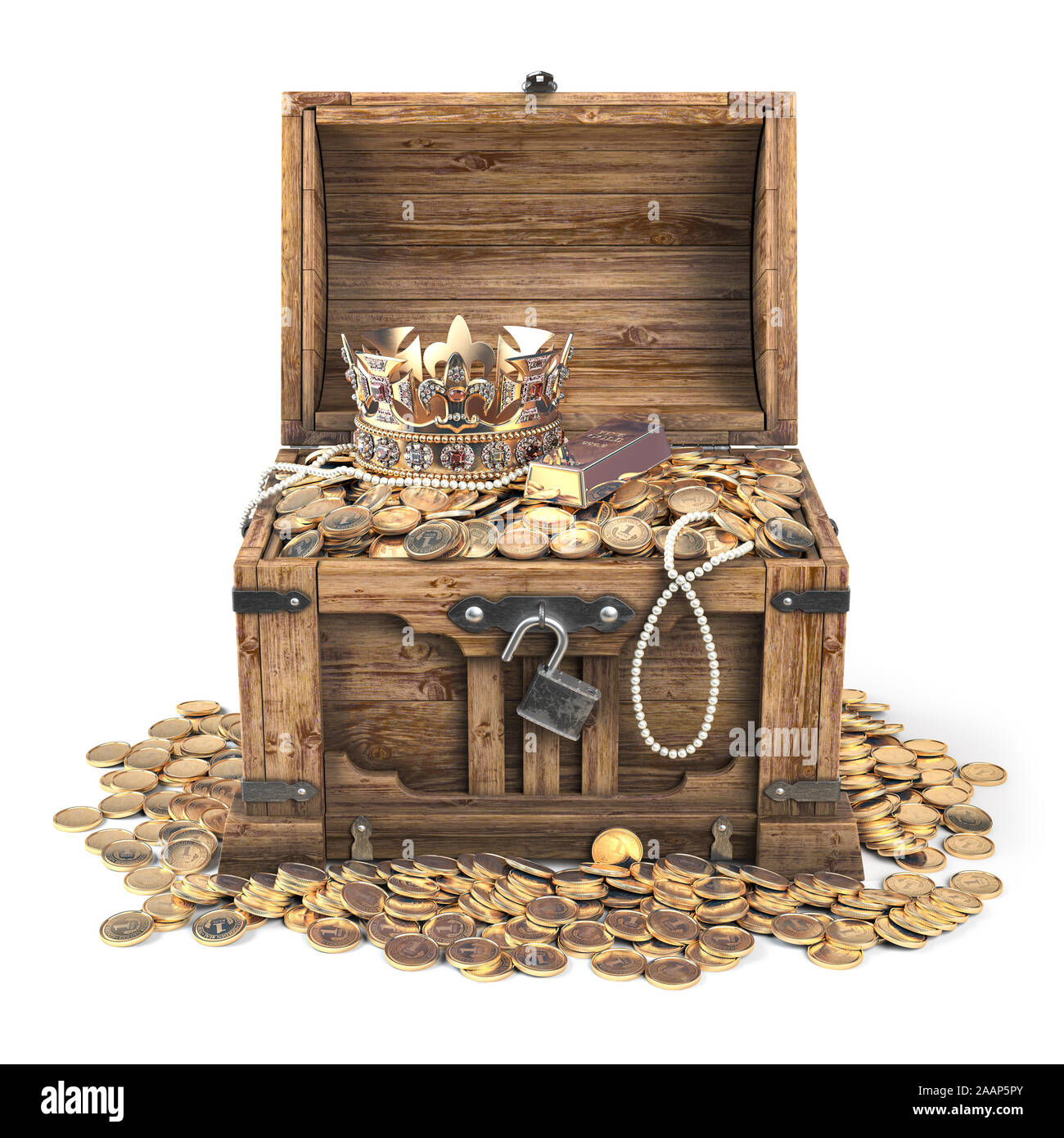 Wooden chest overflowing with treasure Stock Photo - Alamy