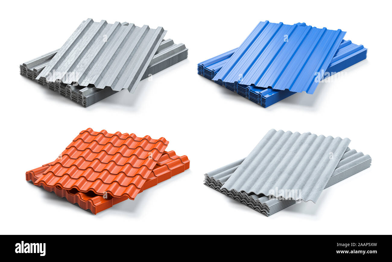 Set of different types of roof coating. Stacks of sheet metal  profiles, ceramic tile and gypsum roof isolated on white background. 3d illustration Stock Photo