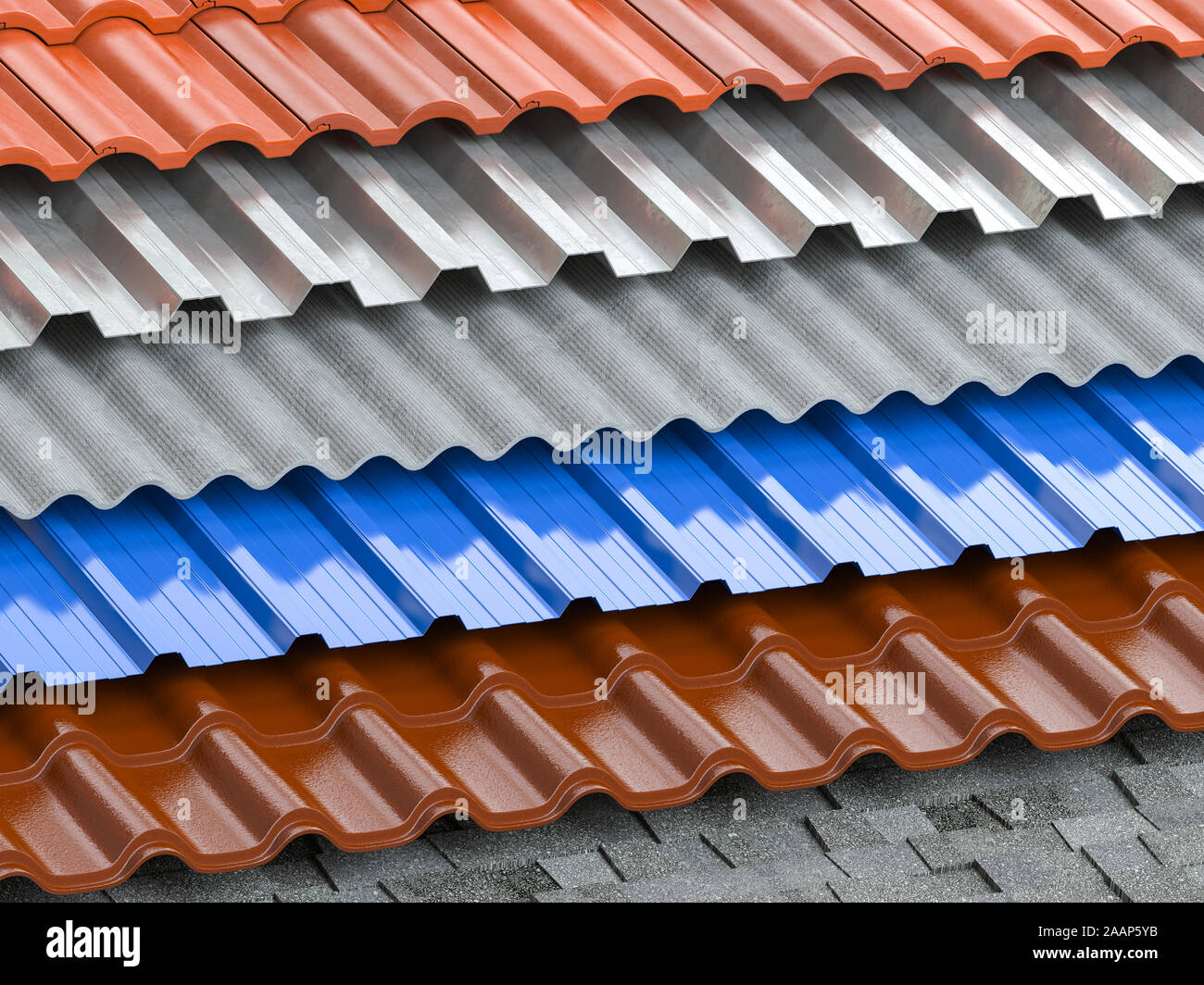 Different types of roof coating. Background from layers of sheet metal  profiles, ceramic tiles, asphalt roofing shingles and gypsum slate. 3d illustr Stock Photo