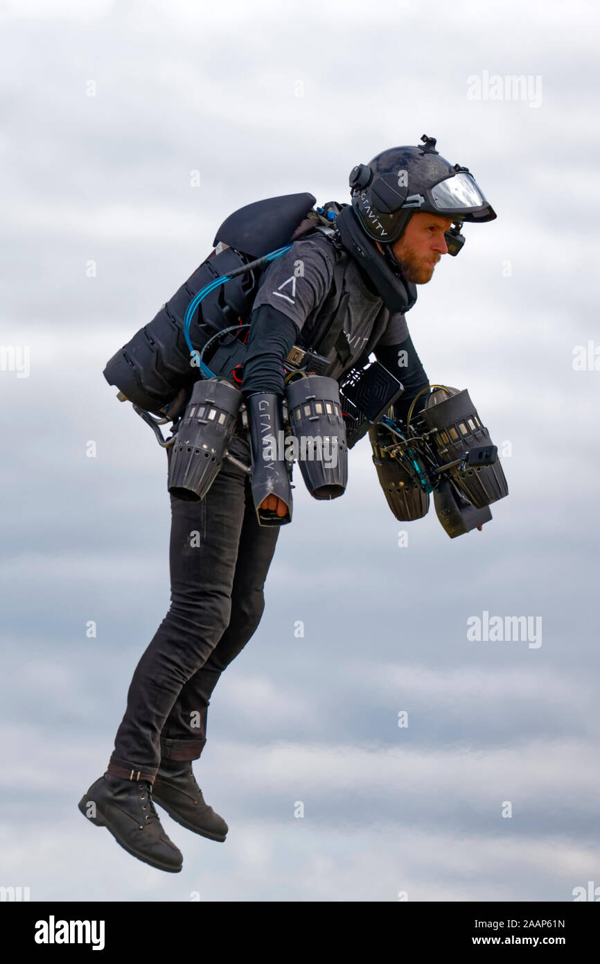 Gravity Industries Inventor and Ex-Royal Marines Reservist Richard Browning in his jet powered suit Stock Photo