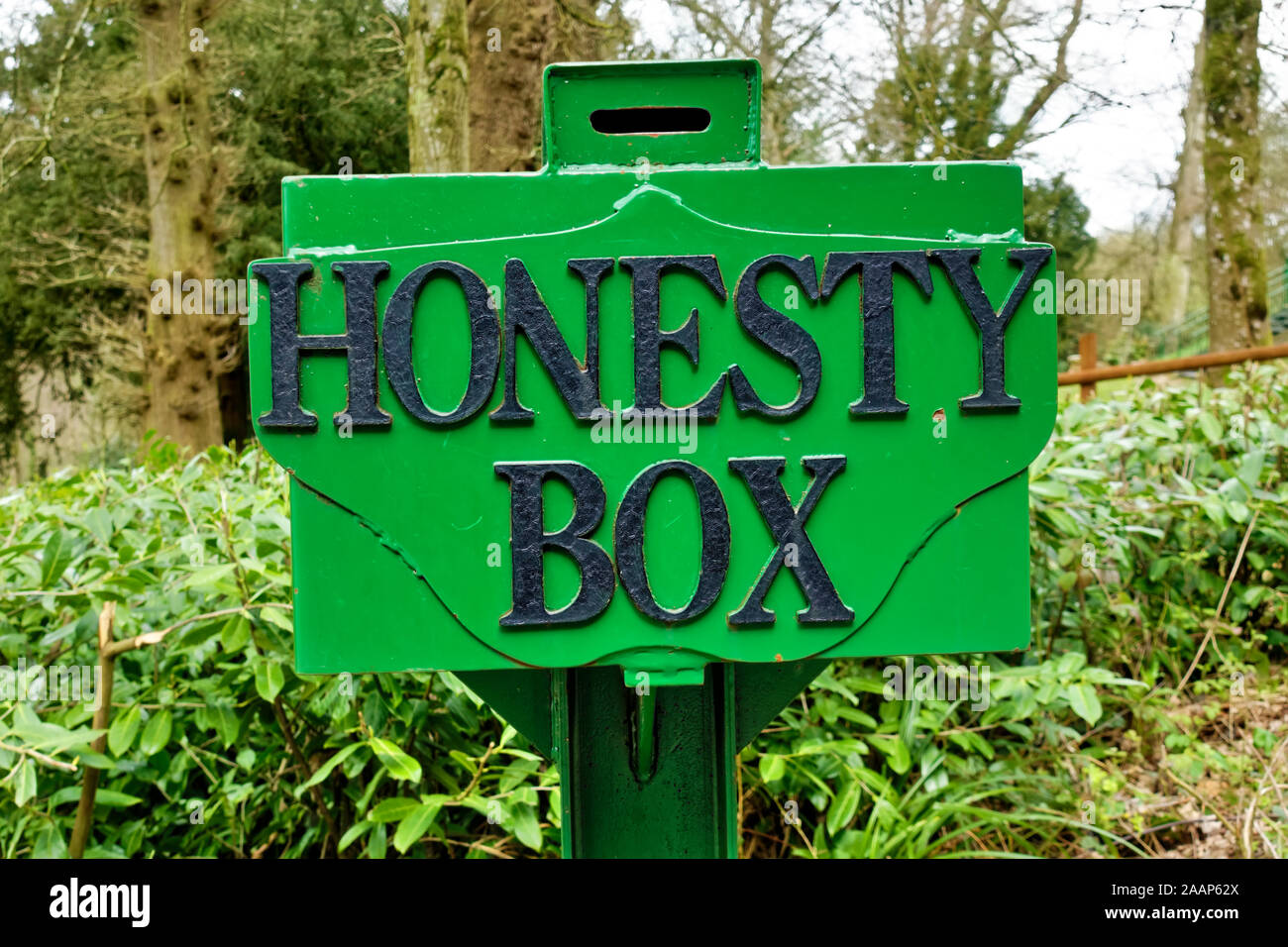 An Honesty Box at for admission to Shearwater lake near Crockerton in Wiltshire, England Stock Photo