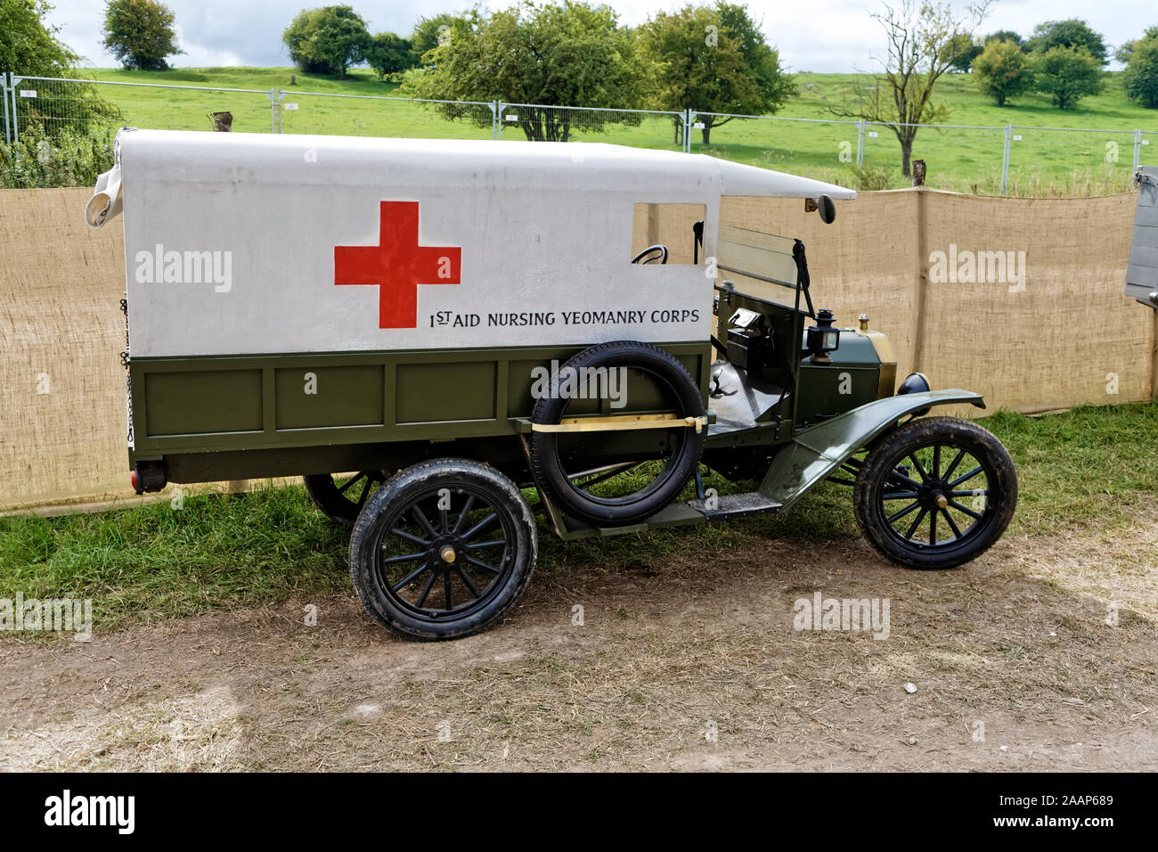 A re-created Ford Model T Ambulance that was used by the British Army 1st Aid Nursing Yeomanry Corps in WW1 at the Great Dorset Steam Fair 2015 Stock Photo