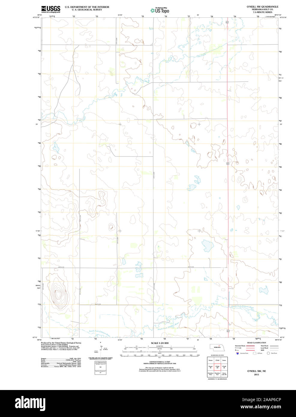 USGS TOPO Map Nebraska NE O'Neill SW 20111025 TM Restoration Stock Photo