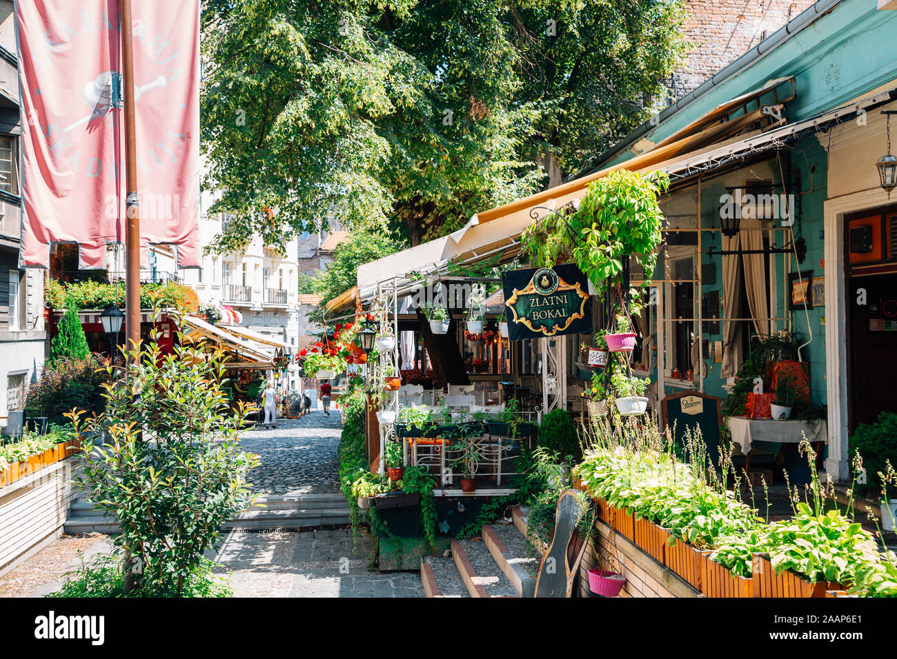 Belgrade, Serbia - July 16, 2019 : Skadarlija bohemian quarter, cafe and restaurant street at summer Stock Photo