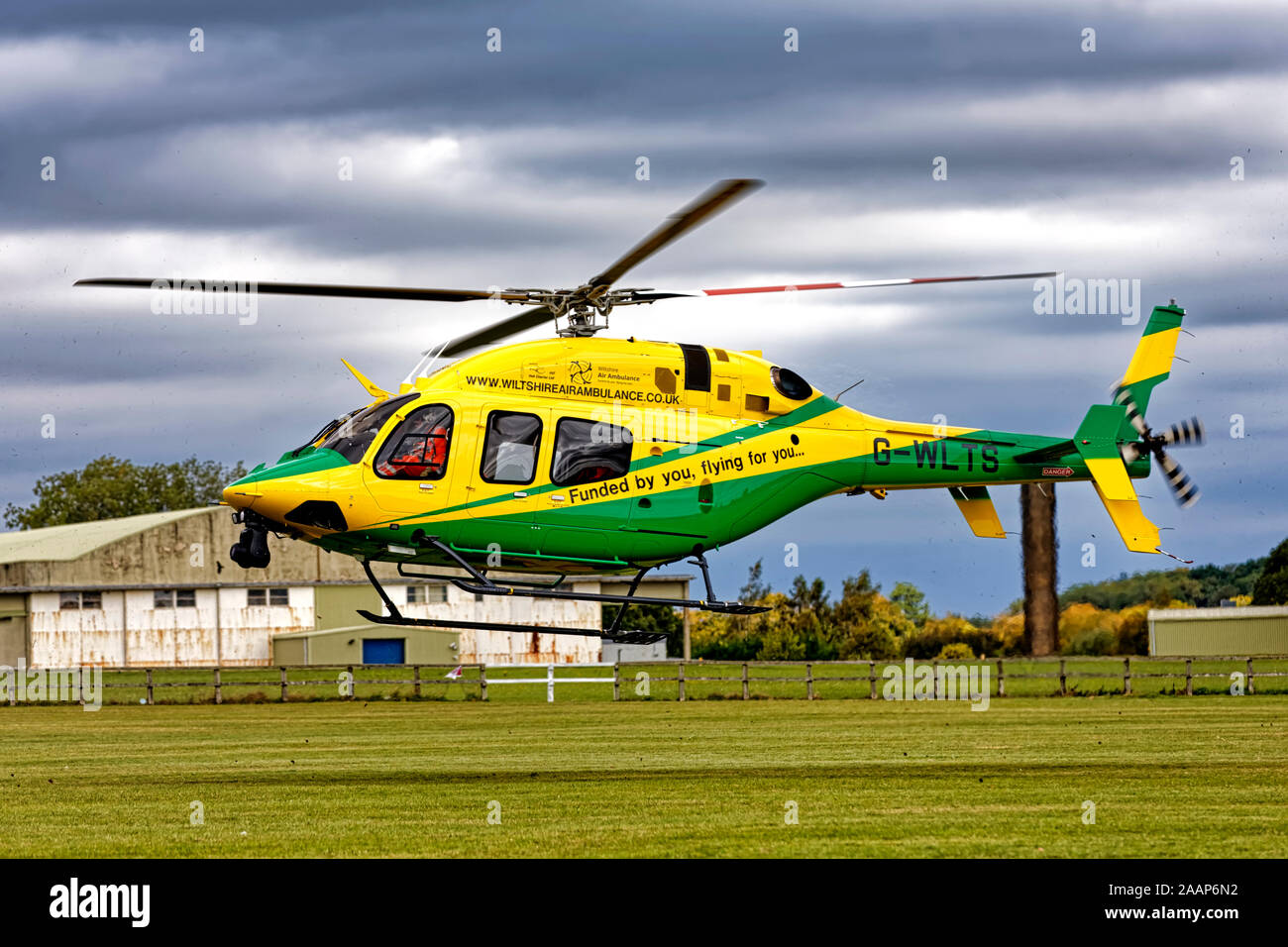 The Wiltshire Air Ambulance, (C-GZLQ) G-WLTS, Bell 429 Helicopter landing at the  Emergency Services Show 2018 Stock Photo