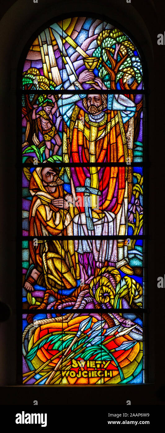 Stained-glass window depicting Saint Adalbert of Prague (also known as Vojtech, Vojtěch or Wojciech). Roman Catholic Church of Saint Anne. Stock Photo