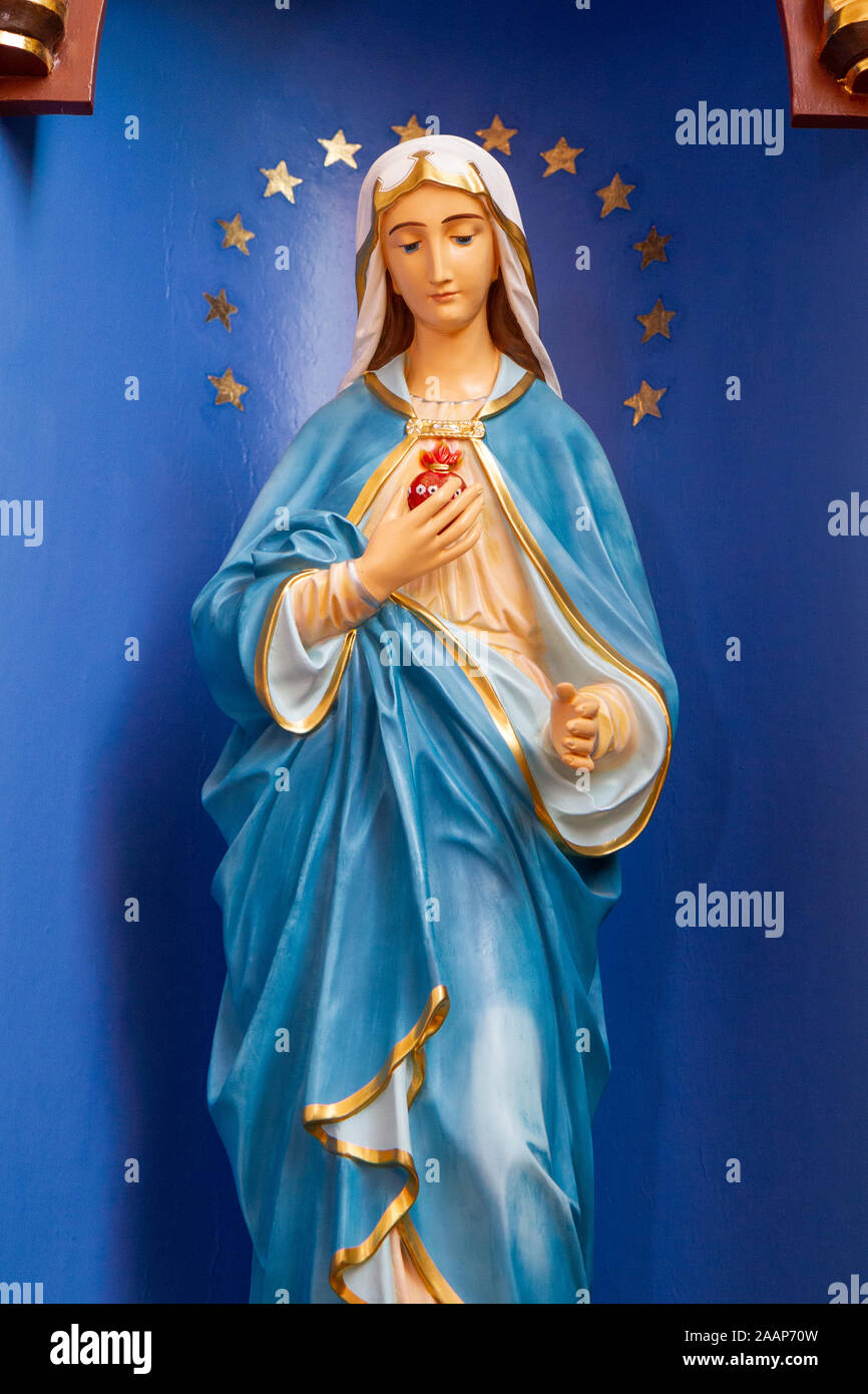 The Immaculate Heart of Mary statue. Roman Catholic Church of Saint Anne. Zegiestow, Poland. 2019/8/10. Stock Photo