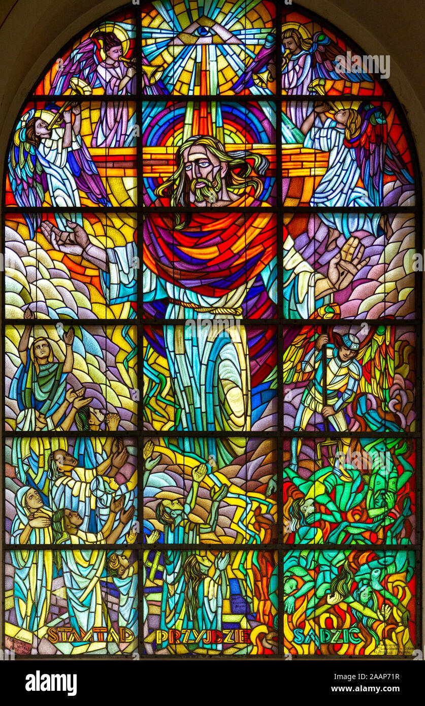 Stained-glass window depicting Jesus Christ in glory with the words "from  there He will come to judge" Roman Catholic Church of Saint Anne Stock  Photo - Alamy