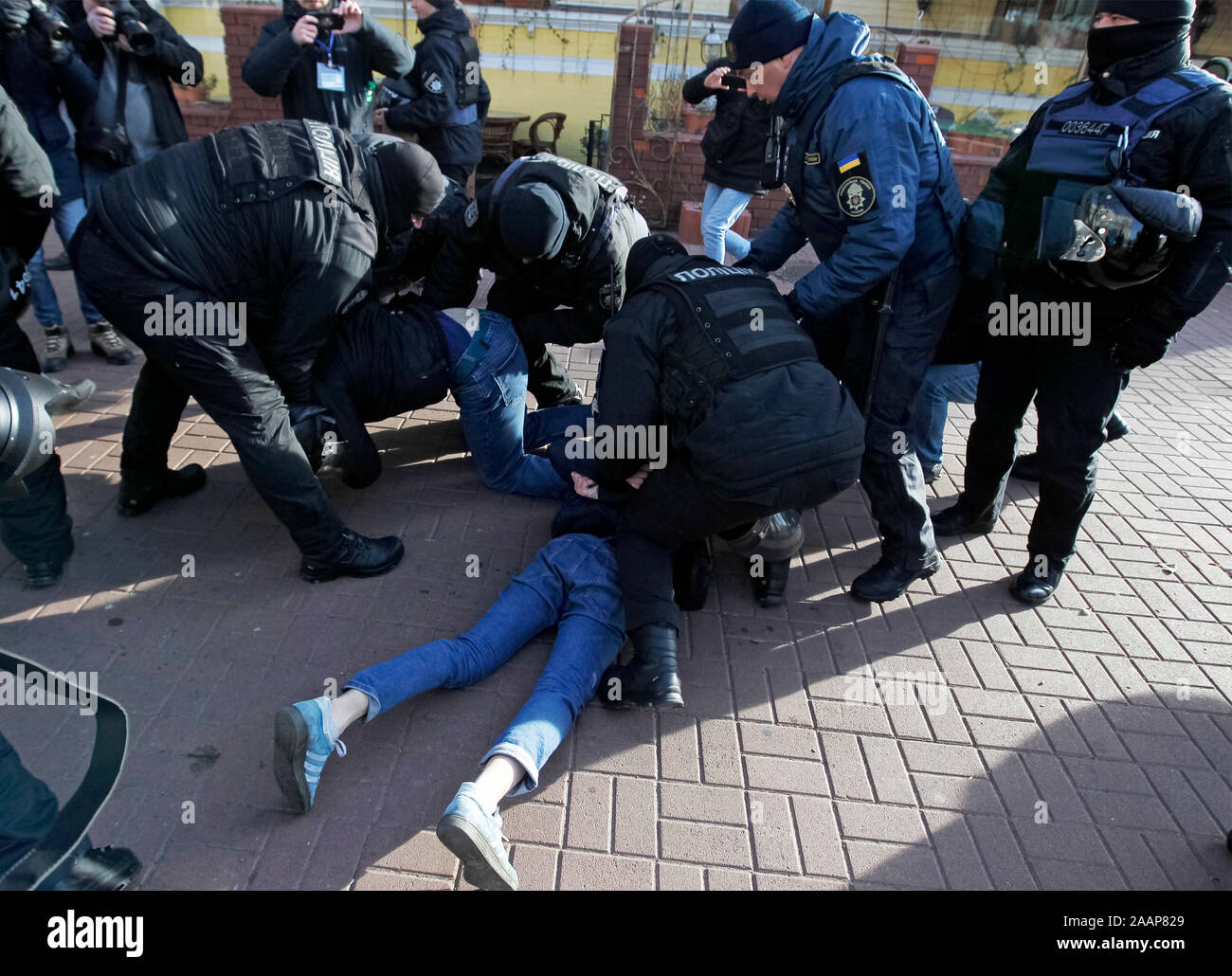 Policemen arrest far-right activists during the march.Transgender rights activists in Ukraine’s capital Kyiv held a march to mark Transgender Day of Remembrance. In 2018, the police failed to protect those participating in a similar march from attacks by violent groups advocating hatred and discrimination. This year, there is a serious risk of new attacks and the police must ensure people can safely exercise their rights to freedom of peaceful assembly and expression without discrimination. Stock Photo