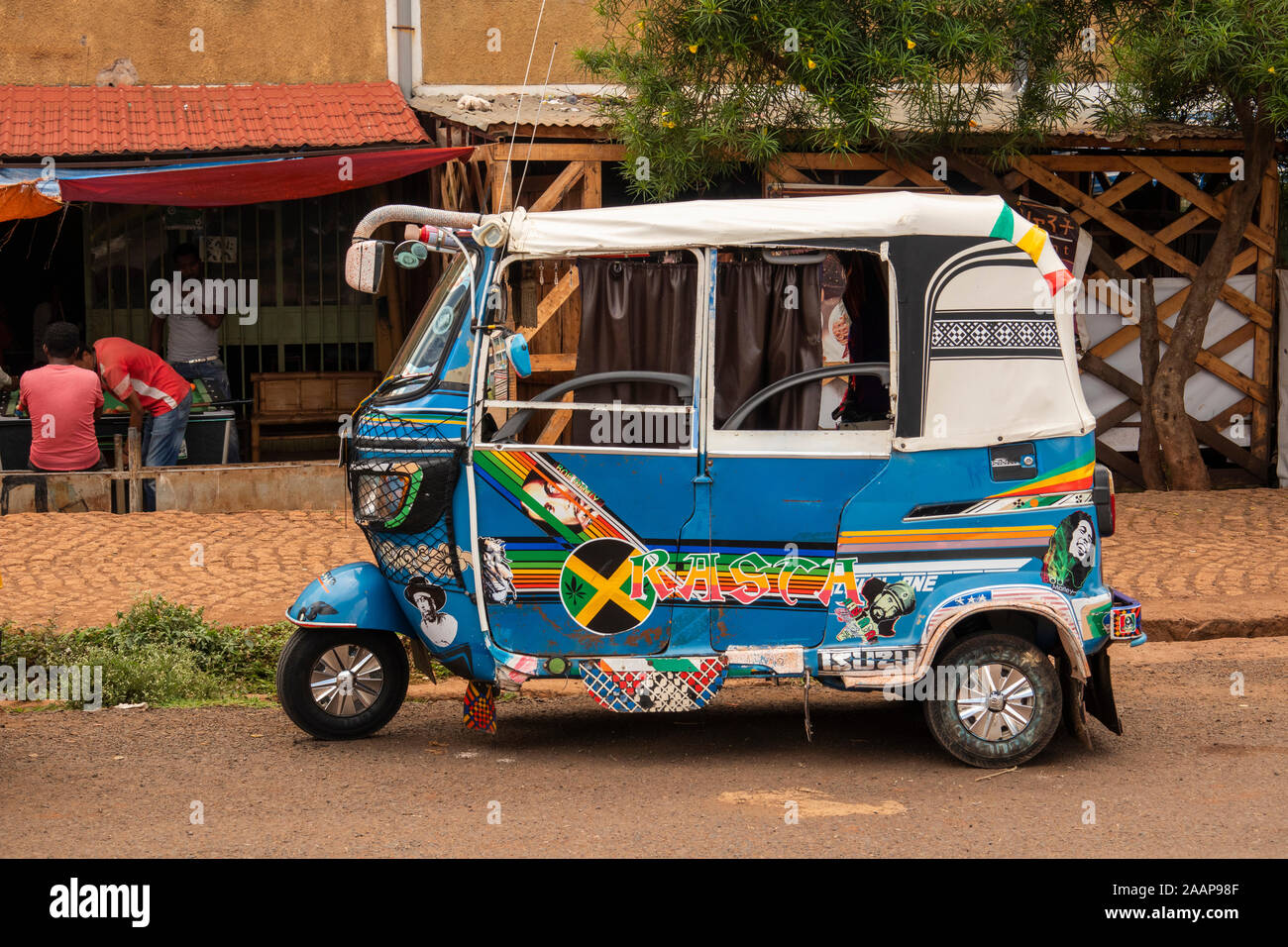 Ethiopia, Gamo-Gofa, Arba Minch, Shecha, local transport, decorated Bajaj tuk tuk with Rasta design Stock Photo