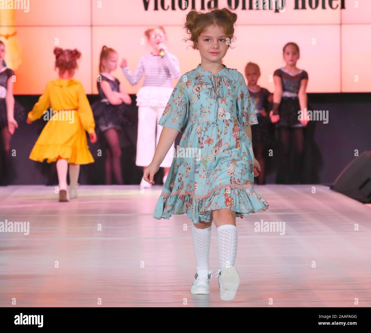Minsk Belarus 23rd November 2019. Minsk Belarus. 23rd Nov 2019. A child model presents new children s wear during the Kids Fashion Zone a children s wear sale exhibition for charity in Minsk