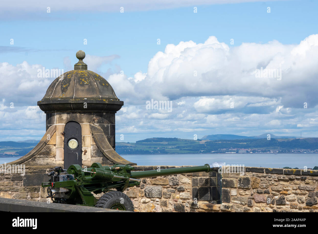 One O'clock gun, Edinburgh castle looking over the Firth of Forth Stock