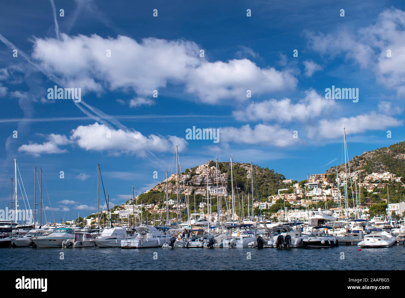 Port Andratx, Majorca, Spain, October 17, 2019,  view across the bay to the main marina area with Catamarans, Yachts Stock Photo