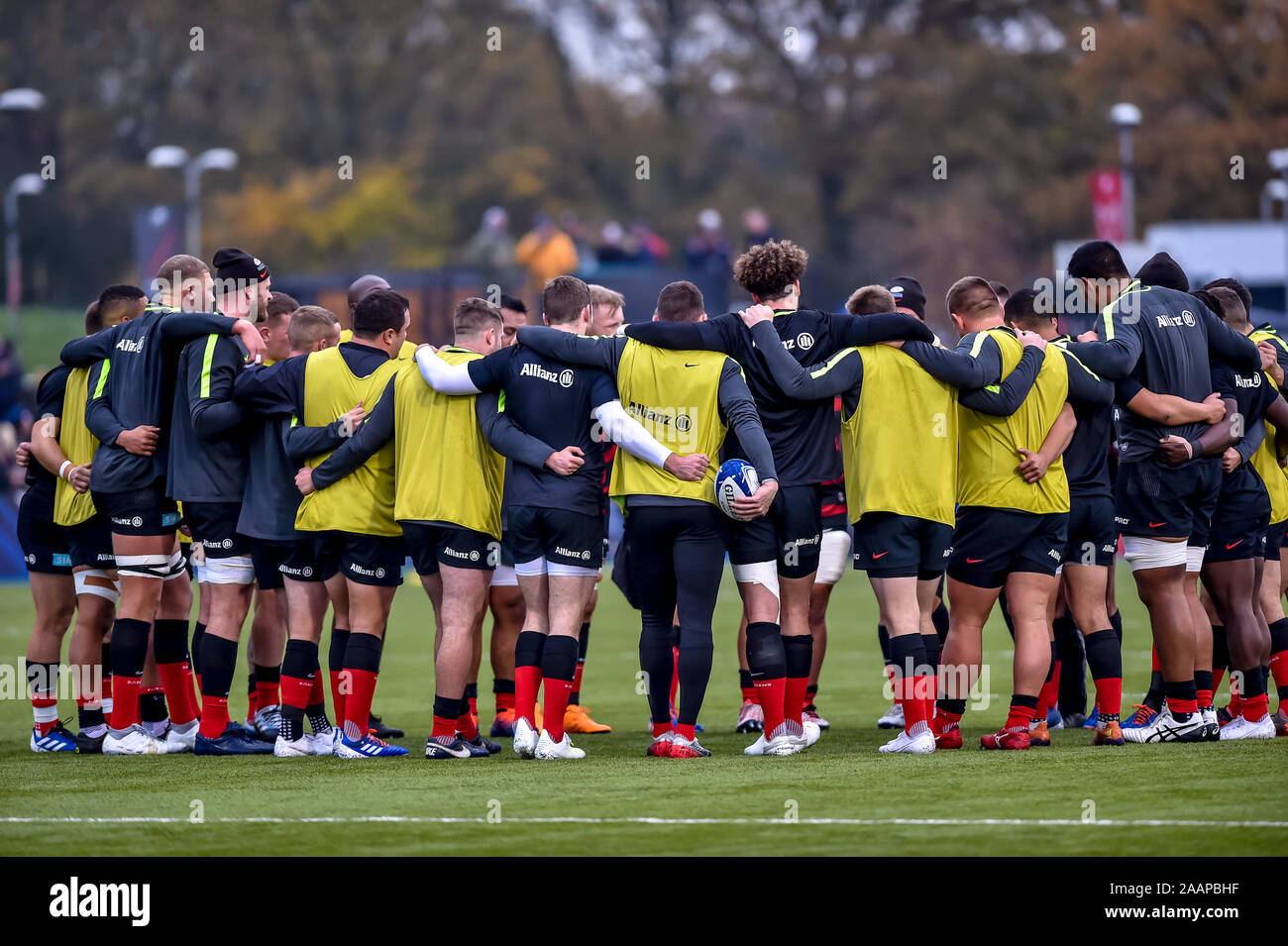 London, UK. 23rd Nov, 2019. Saracens huddle before their European Rugby Champions Cup match between Saracens and Ospreys at the Allianz Park, London, England on 23 November 2019. Photo by Phil Hutchinson. Editorial use only, license required for commercial use. No use in betting, games or a single club/league/player publications. Credit: UK Sports Pics Ltd/Alamy Live News Stock Photo