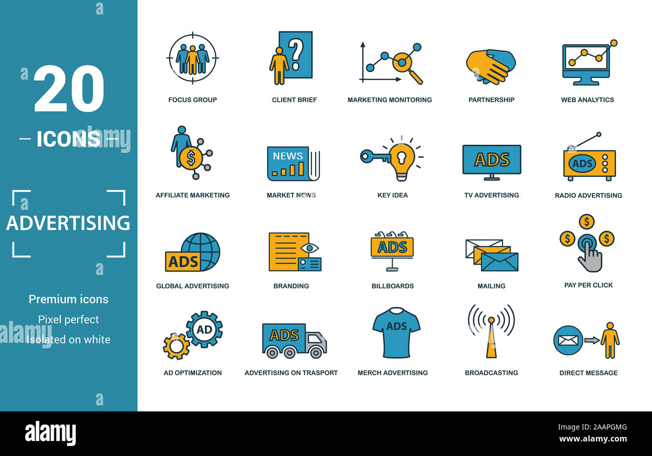 Advertising Icon Set Include Creative Elements Focus Group Marketing Monitoring Affiliate Marketing Tv Global Advertising Icons Can Be Used For Stock Photo Alamy