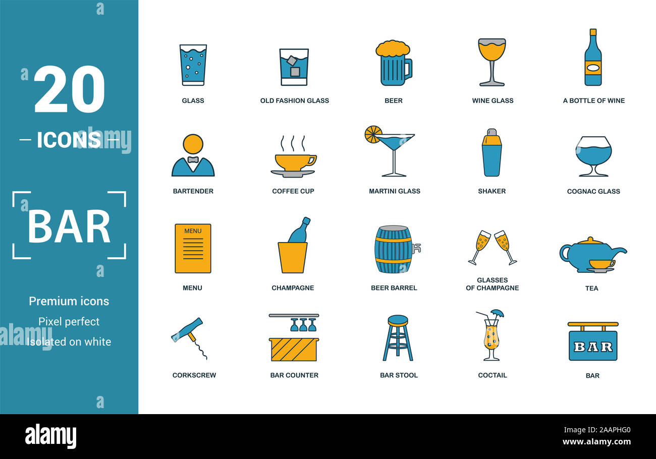 Bar - Restorant icon set. Include creative elements glass, beer, bartender, shaker, menu icons. Can be used for report, presentation, diagram, web Stock Photo