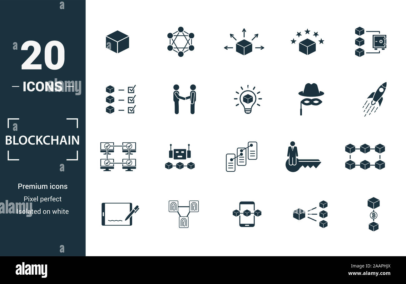 Blockchain icon set. Include creative elements block, distribution, confirmation, anonymity, protocol icons. Can be used for report, presentation Stock Photo