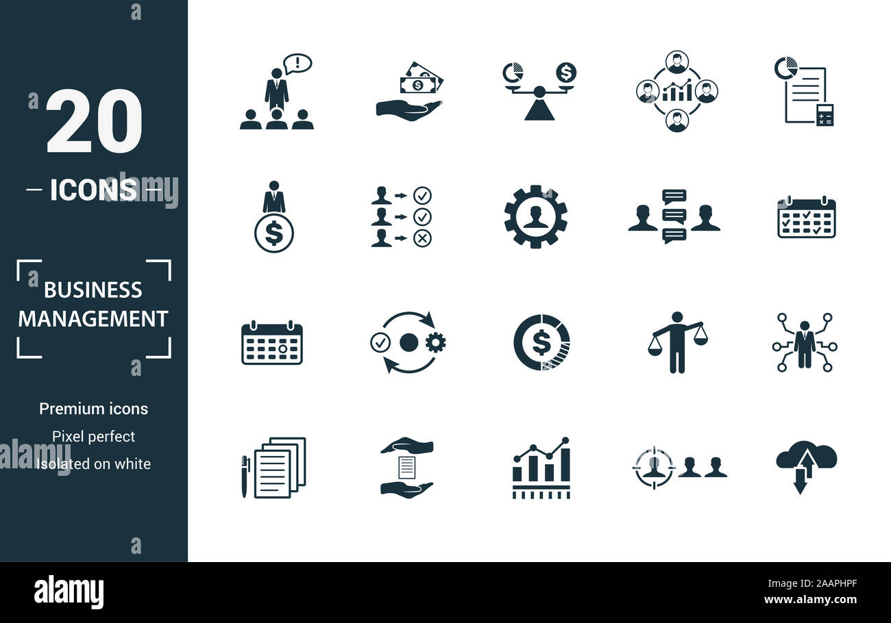 Business Management icon set. Include creative elements expert opinion, budget balance, sponsor, discussion, key event icons. Can be used for report Stock Photo