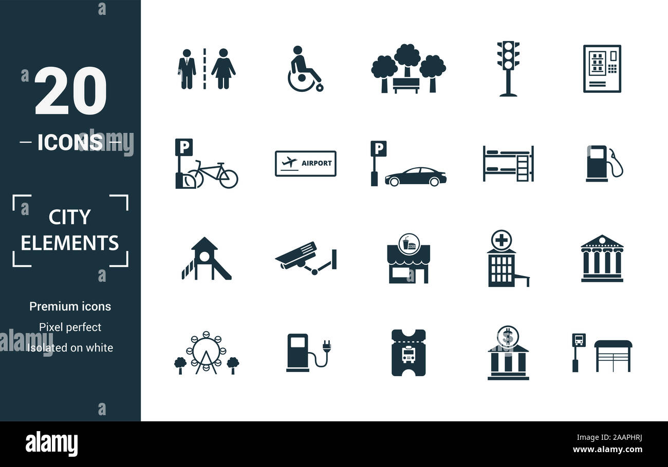 City Elements icon set. Include creative elements restroom sign, public ...