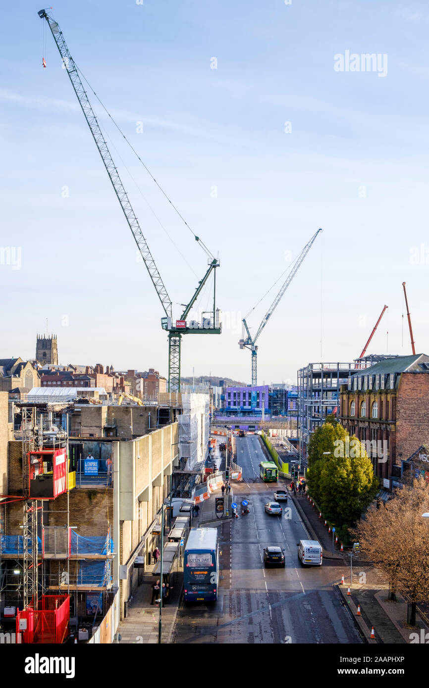 Tower cranes on a large scale construction site. Redevelopment of the Broad Marsh area, Nottingham, England, UK Stock Photo