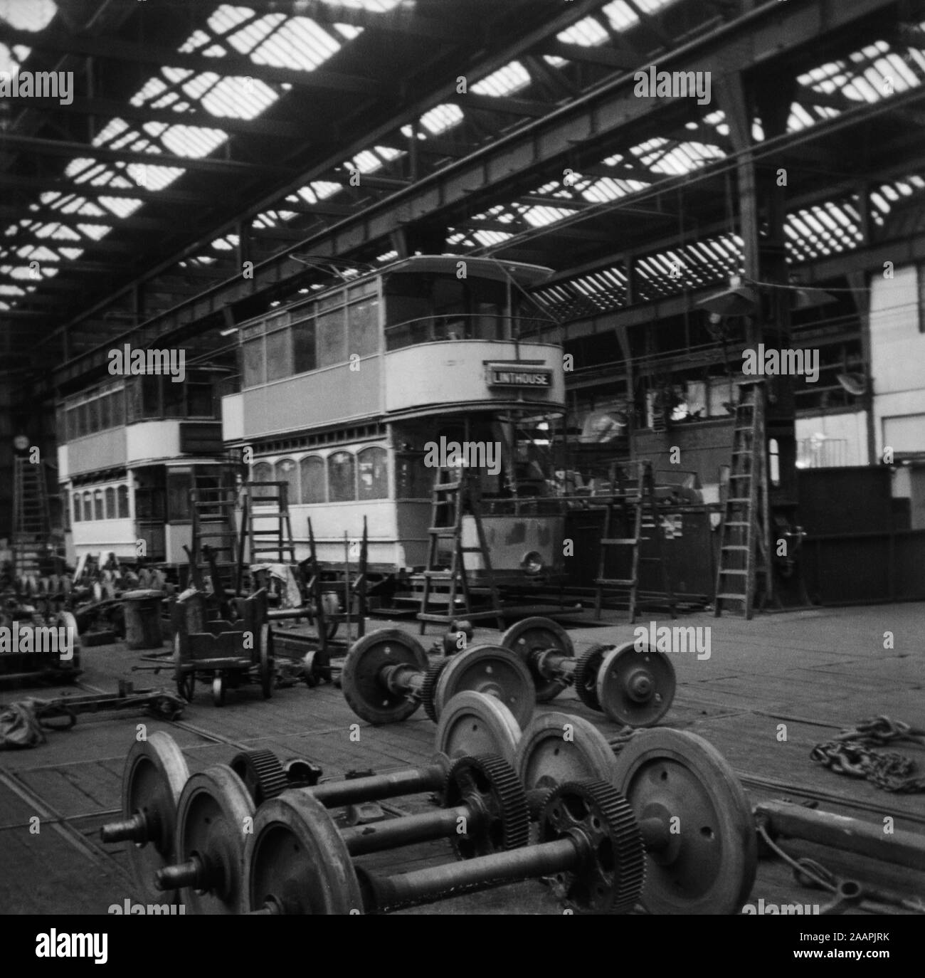 Glasgow Corporation Tramway tram shed/works depot. Image taken before the closure which was in 1962 Stock Photo