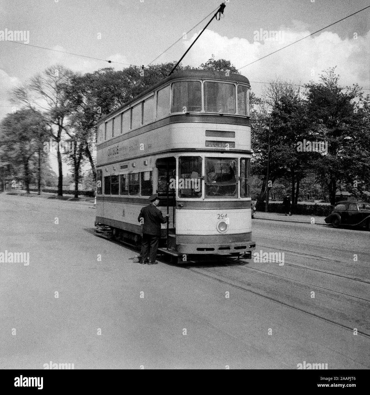 Sheffield Corporation Standard Tram no 294 at its terminus and going on route to Vulcan Road. Image taken during the 1950s. Please note that due to the age of the image, there may be imperfections showing. Stock Photo
