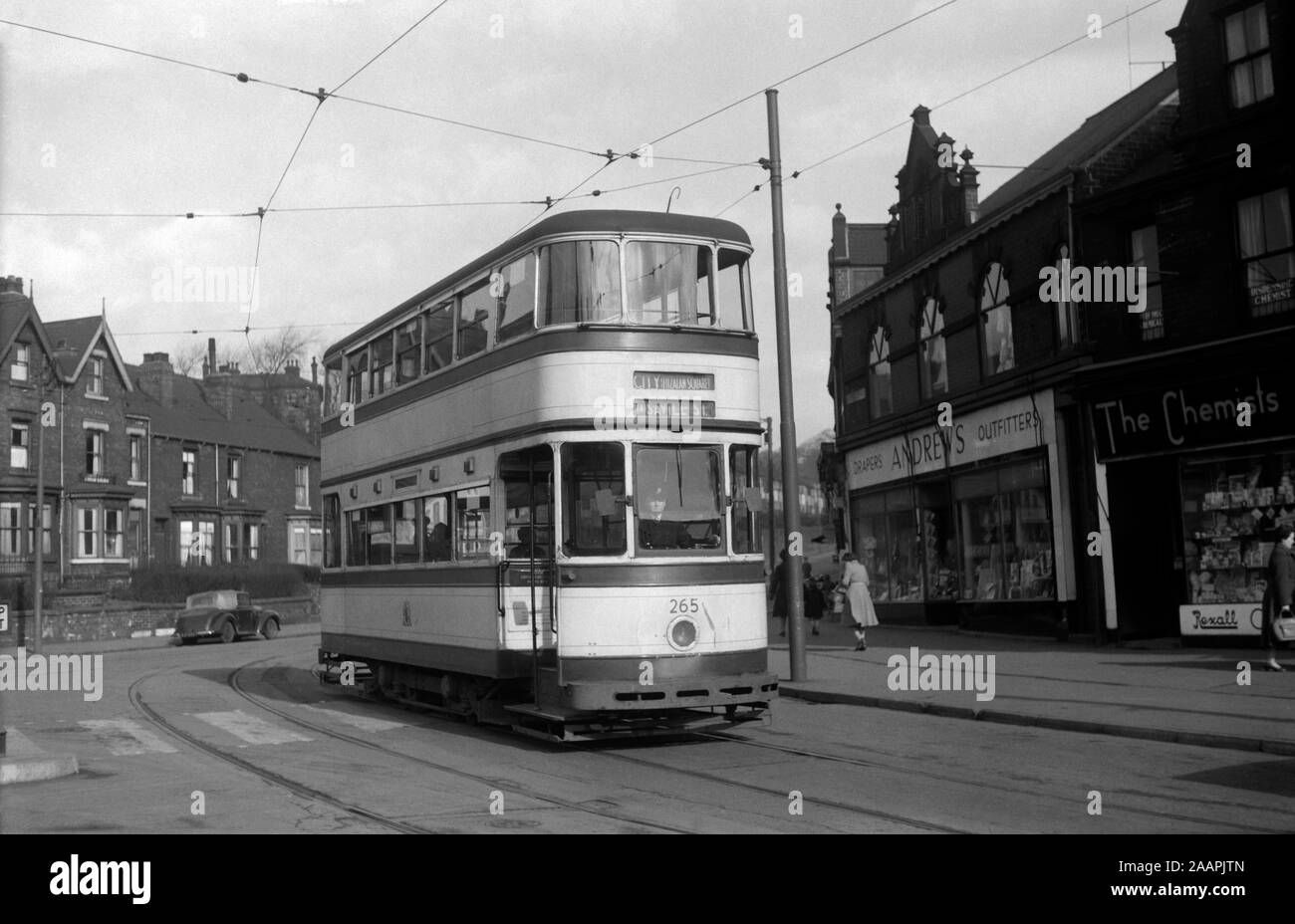 Sheffield Corporation Standard Tram no 265 on Page Hall Road and on route to the city centre via Saville Street. Image taken during the 1950s. Stock Photo