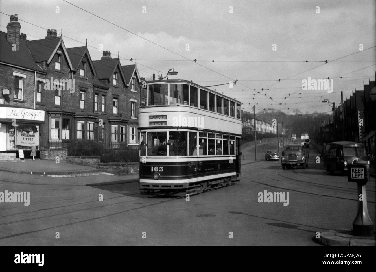 Sheffield Corporation Standard Tram no 163 on Firth Park Road on route to Woodseats and Abbey Lane. Image taken during the 1950s. Stock Photo