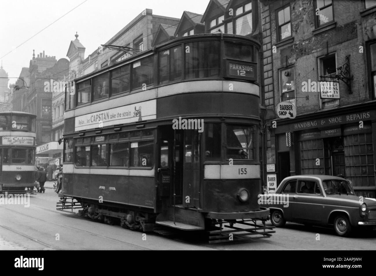 Leeds Tram no 155 and no 166 in the background. Circa 1959 Stock Photo