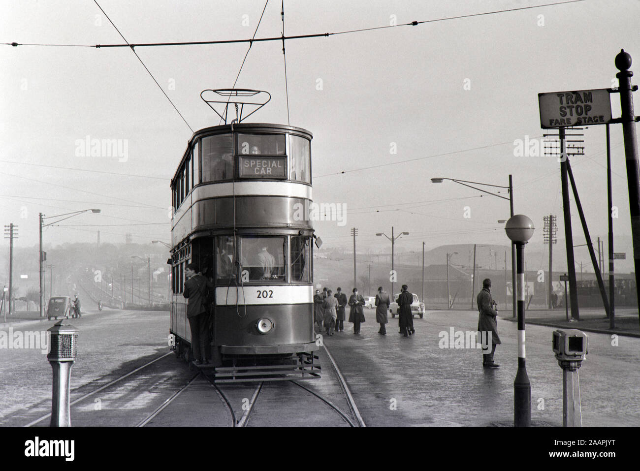 Leeds Standard Tram no 202 on a special route just before the closure of the tramways within the city. Note all the photographers who attended to record the memorable occasion. This was in 1959 Stock Photo