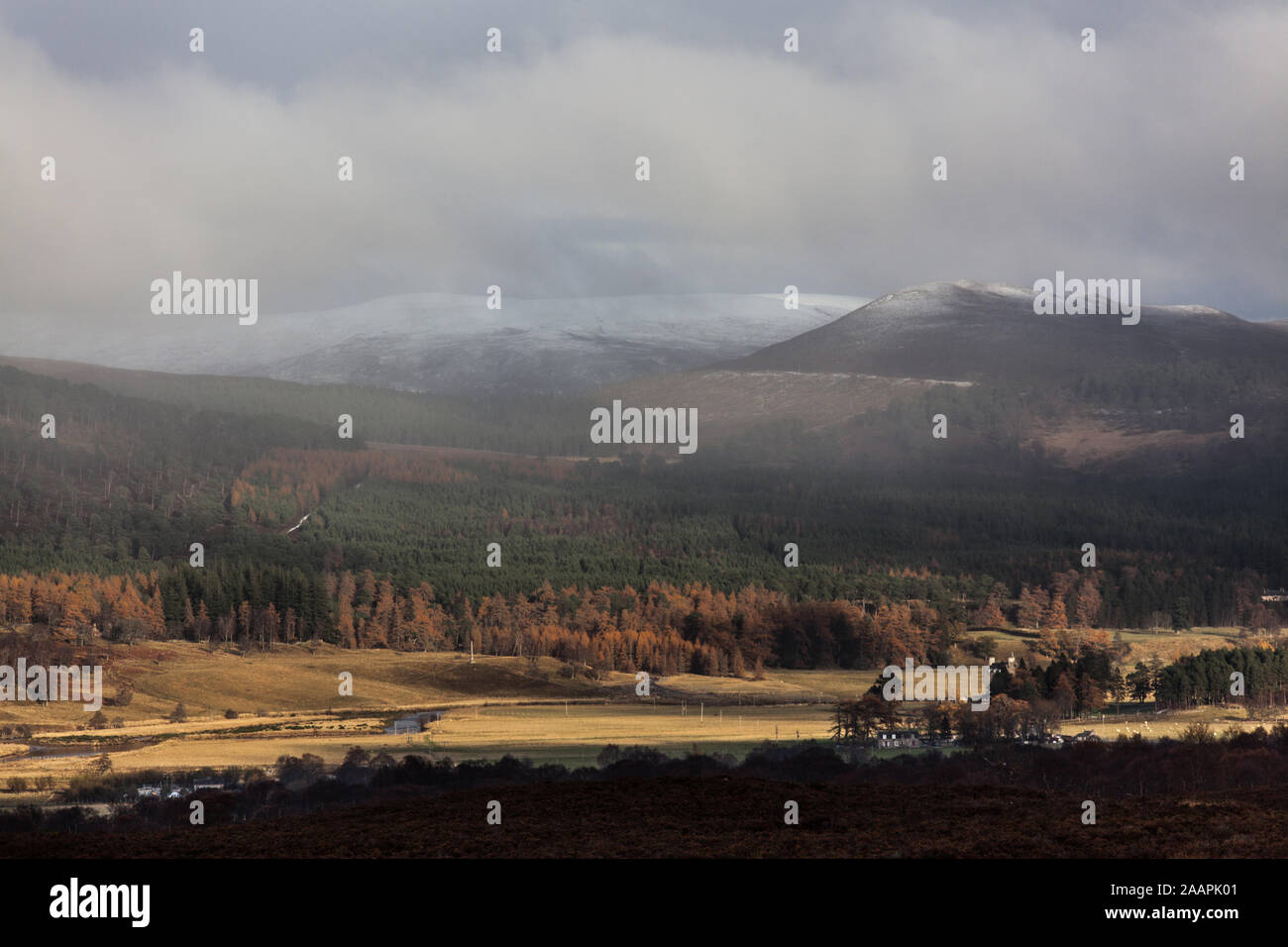 Area of Braemar, Scotland. Picturesque winter view of snow approaching the Cairngorm Mountains, near the village of Braemar. Stock Photo