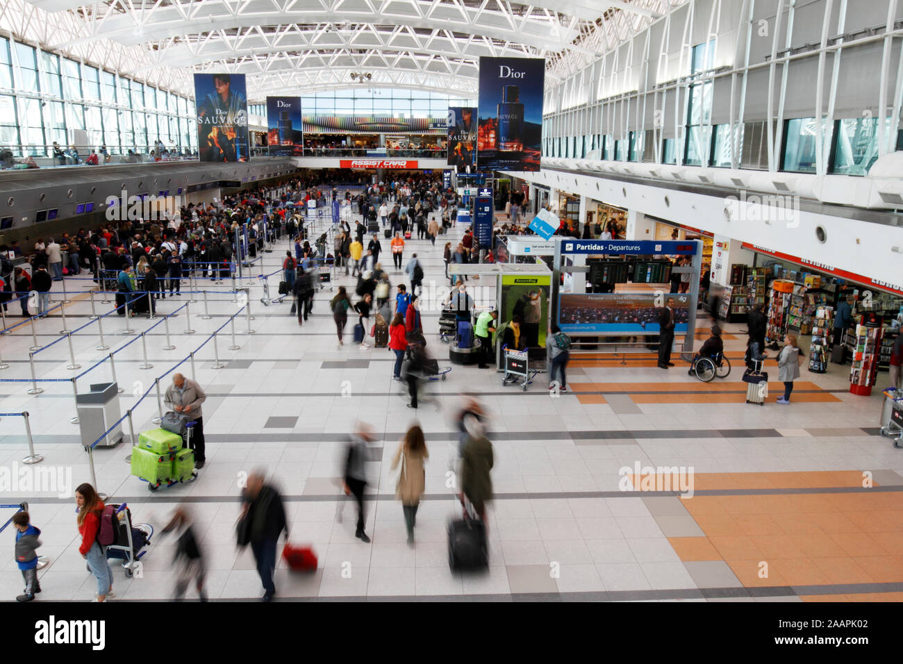 Departure lounge, check-in and suitcase drop-off at Ezeiza International Airport, Argentina. Stock Photo