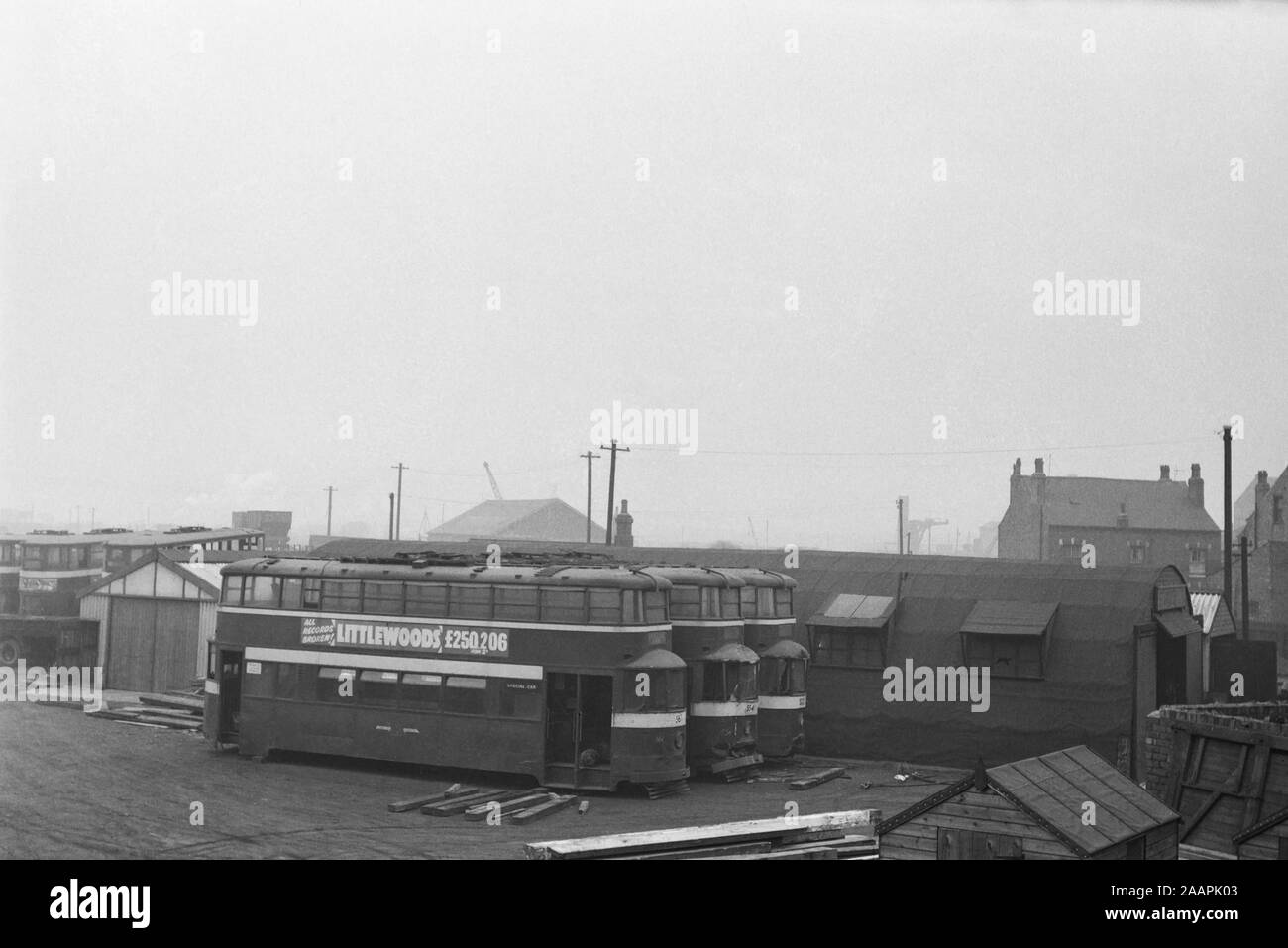 Leeds (Feltham) tram no,s  561, 554 and 522 taken at a scrapyard during or after 1959 when the Leeds trams were decommissioned. Stock Photo