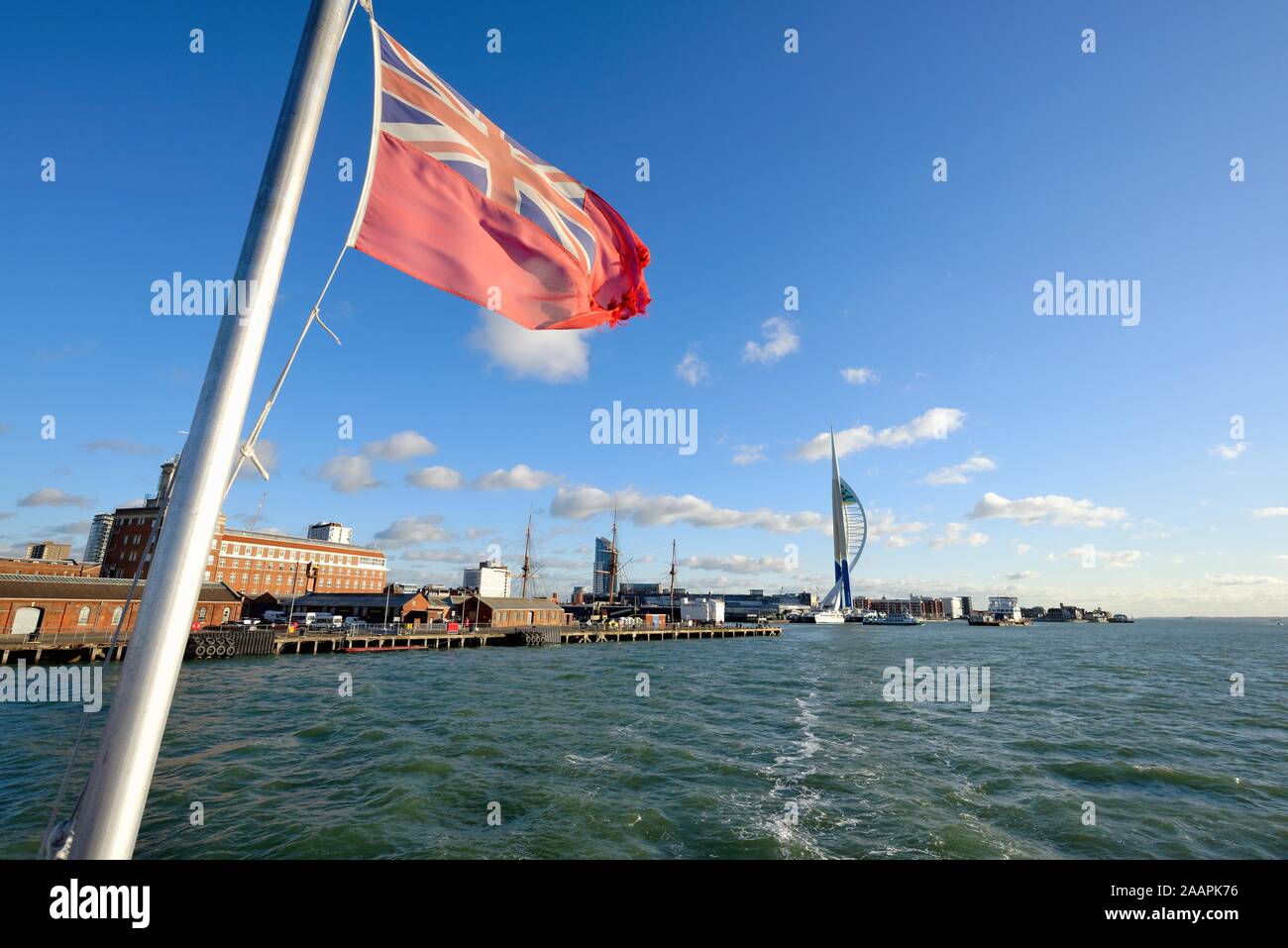 The waterfront of Portsmouth harbour as seen from a boat cruising in