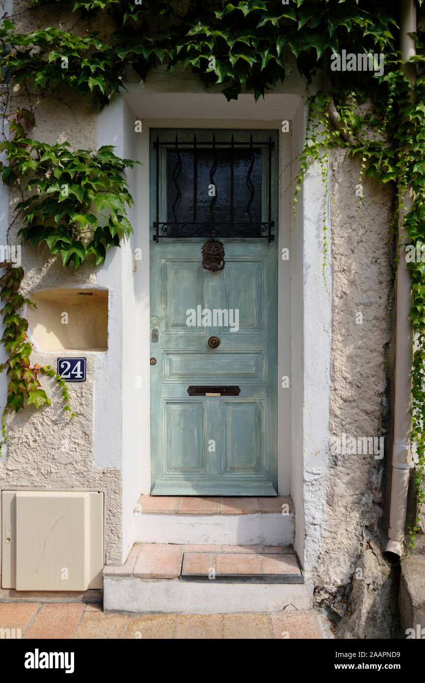 French green door and porch in Antibes old town Stock Photo