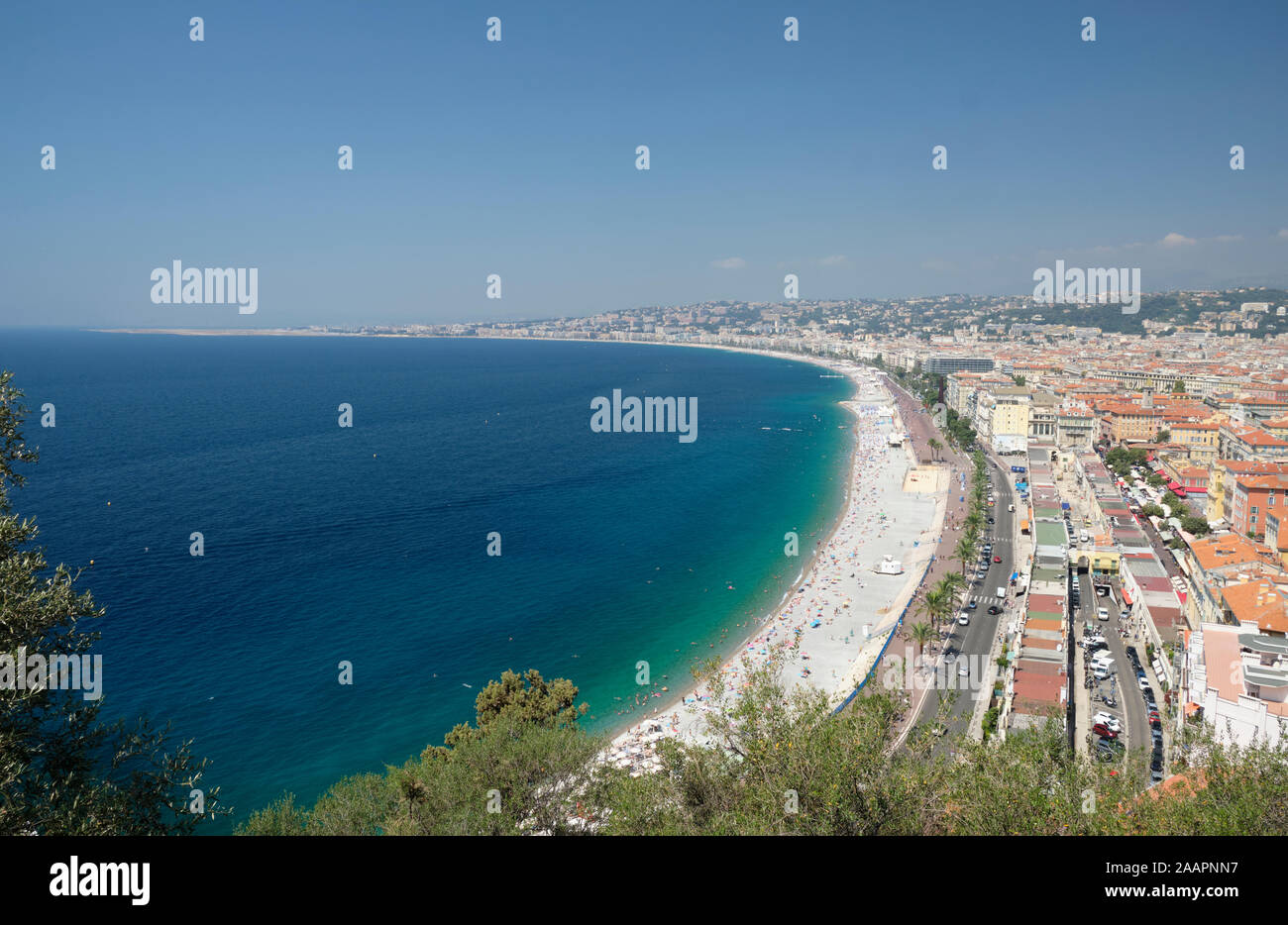View of Nice beach and Promenade des Anglais from Castle Hill Stock Photo