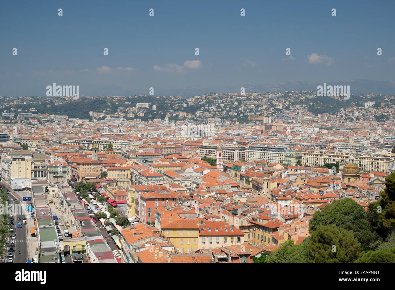 View of Nice old town rooftops and Promenade des Anglais from Castle Hill Stock Photo