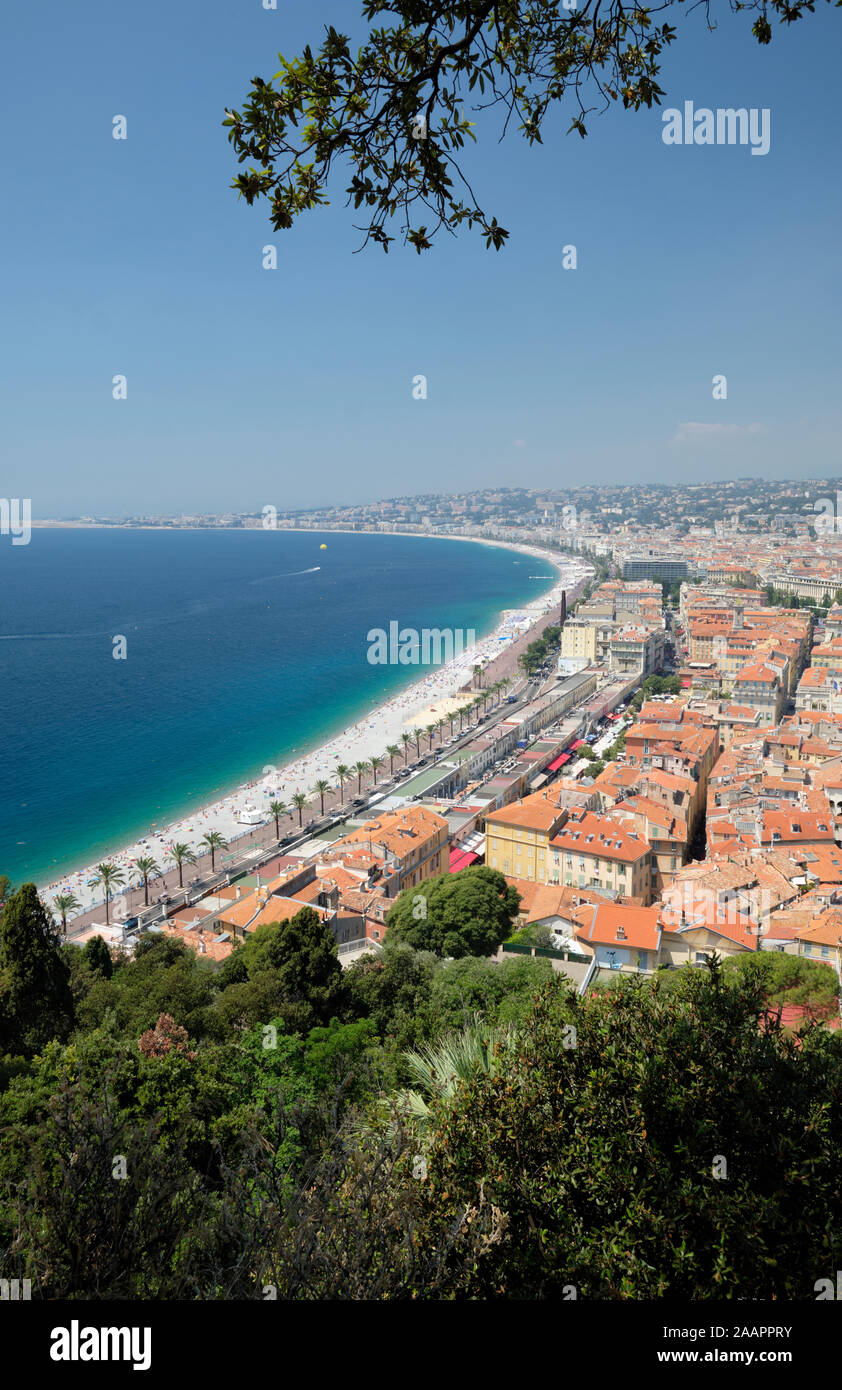 View of Nice beach and Promenade des Anglais from Castle Hill Stock Photo