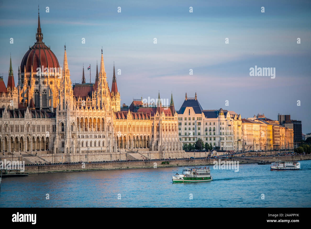 The Hungarian parliament building on the banks the Danube river, Budapest, Hungary. Stock Photo
