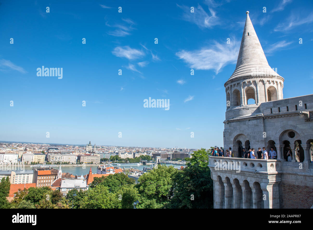 The panoramic view of the Budapest skyline from the balconies and terraces of the Halaszbastya (Fishermans Bastion), Budapest, Hungary. Budapest, Hung Stock Photo